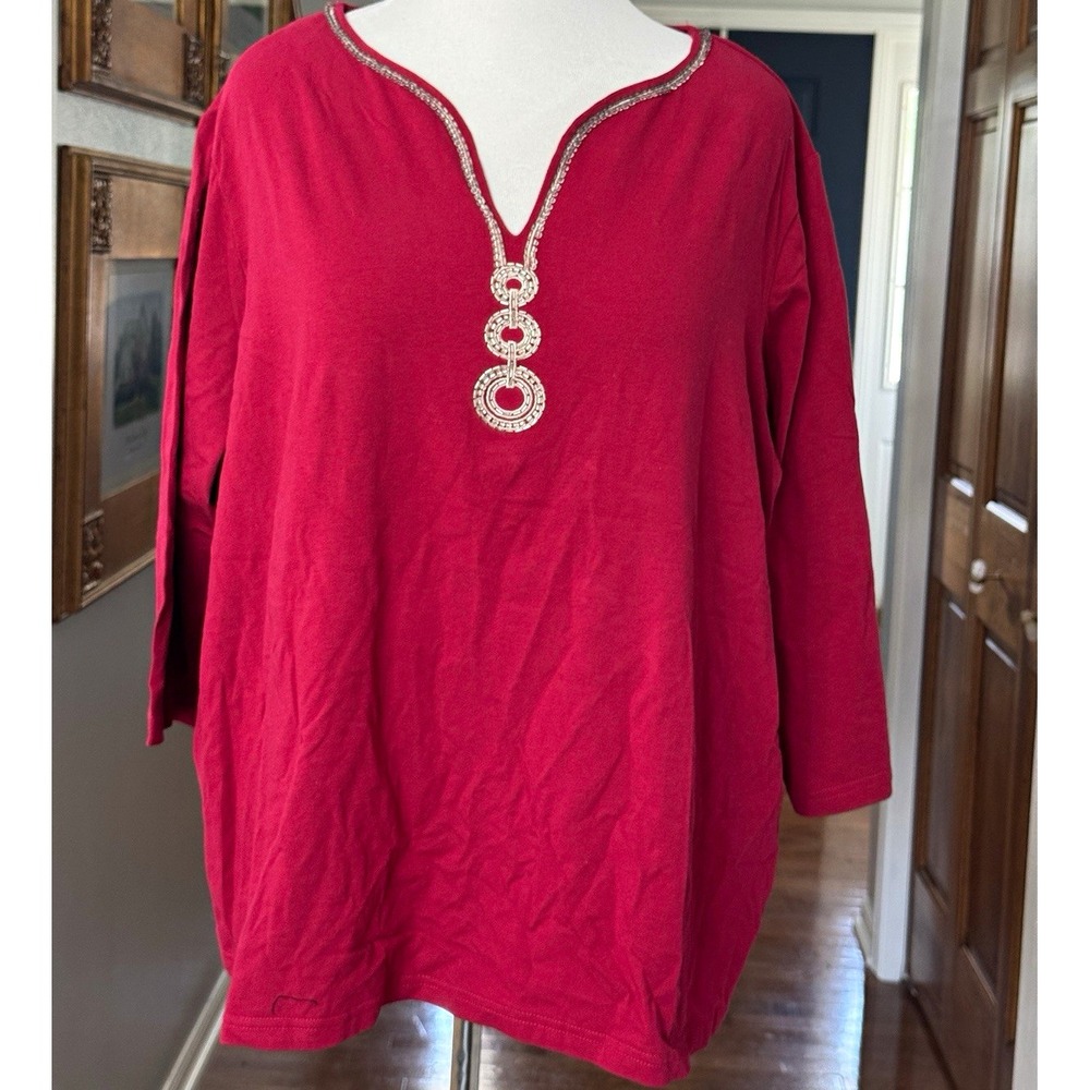 Bob Mackie Wearable Art Women's Beaded V-Neck Tunic Knit Top Red 3X NWT